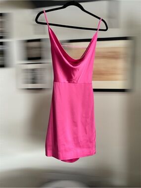 MESHKI Pink Satin Cowl Neck Backless Mini Dress - Size SMALL